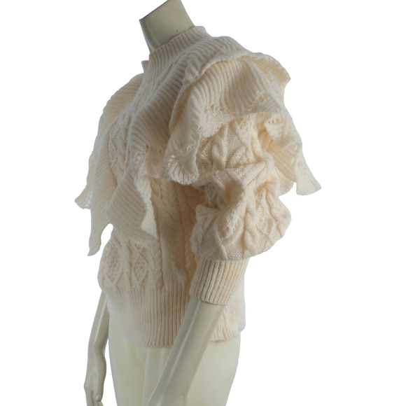 ENTRO Cream Ivory Ruffle Knit Sweater Women’s Size S Soft Pullover Cozy Top - Picture 10 of 11